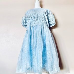 Jessakae Light Blue Floral Lace Tulle Puff Sleeve Sequin Dress.